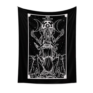 Detail of The Moon tarot card design on black polyester tapestry for room decoration