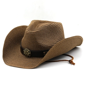 Cappello da cowboy in paglia marrone scuro con fibbia in metallo e cordino intrecciato