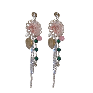 Elegant floral drop earrings with pink crystals and long gold tassel design for women