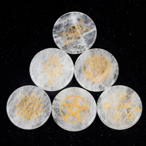 White Crystal Round Plate Gold Engraved Tree Of Life Sun Moon Symbols Altar Tile Energy Stone Home Decor