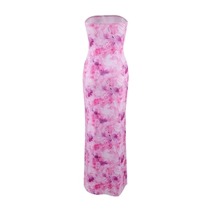 Detailed close-up of a pink floral tube maxi dress with high-quality printed patterns