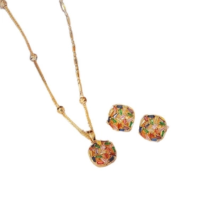 18k gold plated jewelry set with colorful square zircon necklace and stud earrings