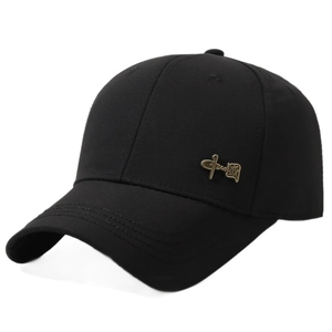 Black men's baseball cap with Chinese bronze logo plaque in high-quality cotton canvas