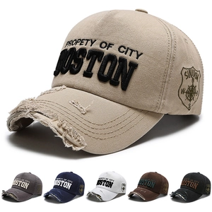 Boston Baseball Cap Distressed Washed Cotton 3D Embroidery Frayed Edge Adjustable Vintage Streetwear Hat For Men Women
