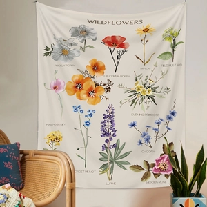 Vintage wildflower botanical tapestry wall hanging featuring various floral illustrations