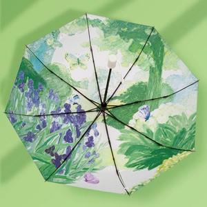 Top view of automatic folding umbrella with impressionist oil painting forest and iris patterns