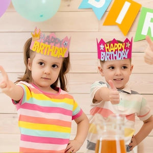 Pink felt Happy Birthday crown headband with glitter stars for kids party decor