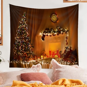 Detailed Christmas tree print on polyester wall tapestry with festive fireplace scene