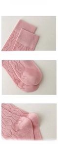 Detail view of pink knitted socks featuring wavy texture, elastic cuff, and reinforced toe
