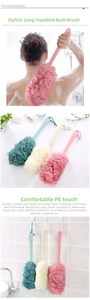 Detailed view of the long-handled bath brush set with soft mesh sponge heads in three colors