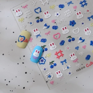 5D embossed nail stickers featuring cute rabbits and blue berries for DIY manicure