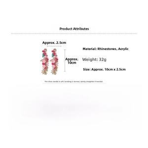 Detail of floral drop earrings with acrylic crystals, tassels, and 10cm size specs