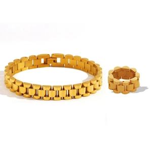 Gold plated stainless steel watchband style chain bracelet and ring set for women