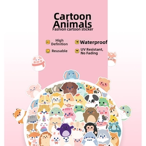 Detail of waterproof cartoon animal stickers for water bottles and laptops with vivid colors