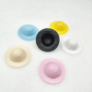 Close-up of colorful 5cm mini plastic woven hats for dolls in six various colors