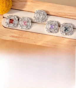 Detailed chart of square zircon stud earrings with color options and size specifications