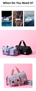 Macro detail of multi-functional duffel bag featuring waterproof nylon and shoe compartment