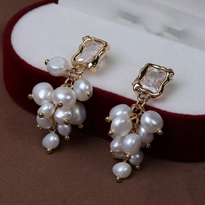 Grape Cluster Drop Earrings With Natural Freshwater Pearl Zircon Gold Plated Copper And Earring Post