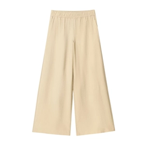 Women's apricot wide-leg trousers with elastic waistband and pleated fabric details