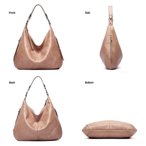 Detailed views of the dusty pink PU leather hobo bag from front side back and bottom