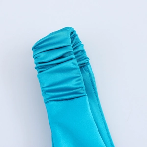 Elegant blue satin maxi dress with detailed shirred elastic shoulder strap and smooth fabric