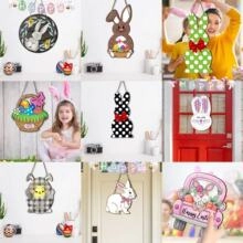 Detailed collage of nine colorful wooden Easter bunny and egg hanging wall decorations