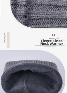 Detail of grey knitted winter neck warmer showing the thick thermal fleece lining texture