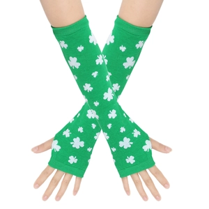 Detail of green knitted fingerless gloves featuring white shamrock patterns for parties
