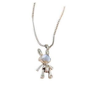 Silver rabbit astronaut necklace with moonstone bead pendant on fine box chain link