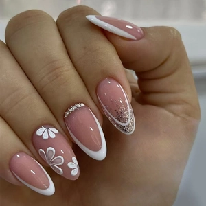 Press On Nails French Tip Long Almond Fake Nails With 3D Flower Rhinestone Elegant Reusable Gradient Pink For Women