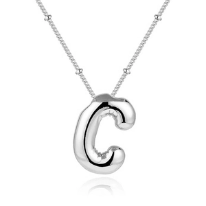 Silver balloon letter C necklace in polished stainless steel with bubble texture