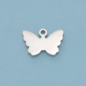 Detailed view of a silver mirror-polished stainless steel butterfly pendant with ring