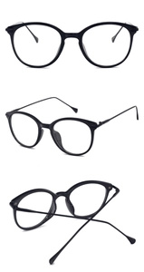 Three-angle view of black cat-eye glasses frame with sleek metal temples and minimalist design