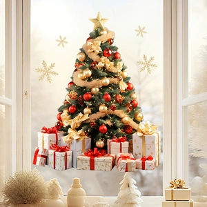 Detail of Christmas tree window decals with gift boxes and golden snowflakes on glass