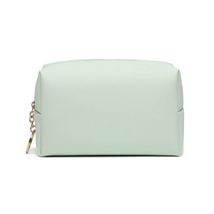 Waterproof mint green PU leather makeup bag with cross pattern and gold zipper
