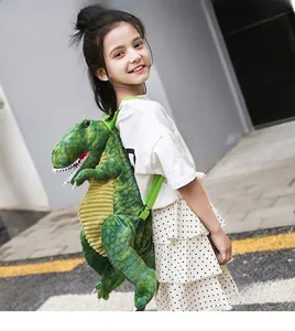 Detail of plush green dinosaur backpack with adjustable straps worn by a young girl