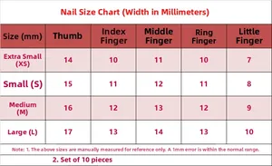Size guide for press-on nails in mm showing XS, S, M, L dimensions for each finger