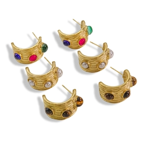 Three pairs of 14K gold-plated C-shaped earrings with colorful gemstones and pearls