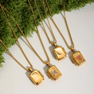 18K gold plated stainless steel square locket necklace set with box chain for women