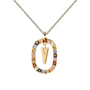 Close-up of gold oval necklace featuring a colorful zircon-encrusted letter V pendant
