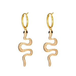 Exaggerated golden snake drop earrings with detailed scale texture and S-shaped design