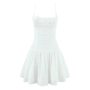 French style white camisole dress with floral embroidery and front button detail