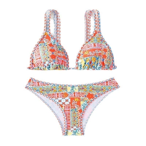 Women's colorful floral print bikini set with wide straps and bohemian paisley patterns