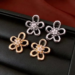 Elegant Hollow Flower Stud Earrings Copper With Zircon And Silver Earring Post Luxury Niche Exquisite Jewelry For Women