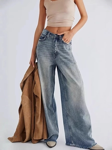 Jean Large Femme Taille Haute En Coton Denim Délavé Avec Ourlet Brut Streetwear Rétro Coupe Décontractée