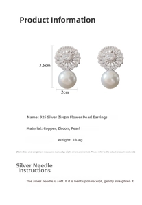 Zircon flower pearl earring details showing dimensions of 3.5cm by 2cm and 925 silver needle