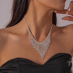 Detailed close-up of a silver-tone multi-layer water-drop tassel necklace with crystals