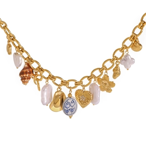 18k gold plated stainless steel necklace with pearl, ceramic bead and shell charms