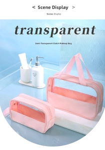 Pink translucent waterproof toiletry bags set shown on a bathroom vanity with travel accessories