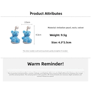 Detailed size chart for blue flocked bear pearl earrings with silver needles
